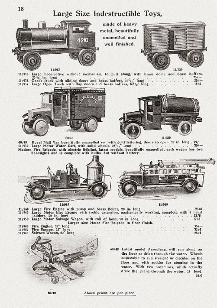 Некоторые каталоги есть и в электронном виде. Например, эта страница — из каталога игрушек английской фирмы Bing. Его издали в 1929&nbsp;году