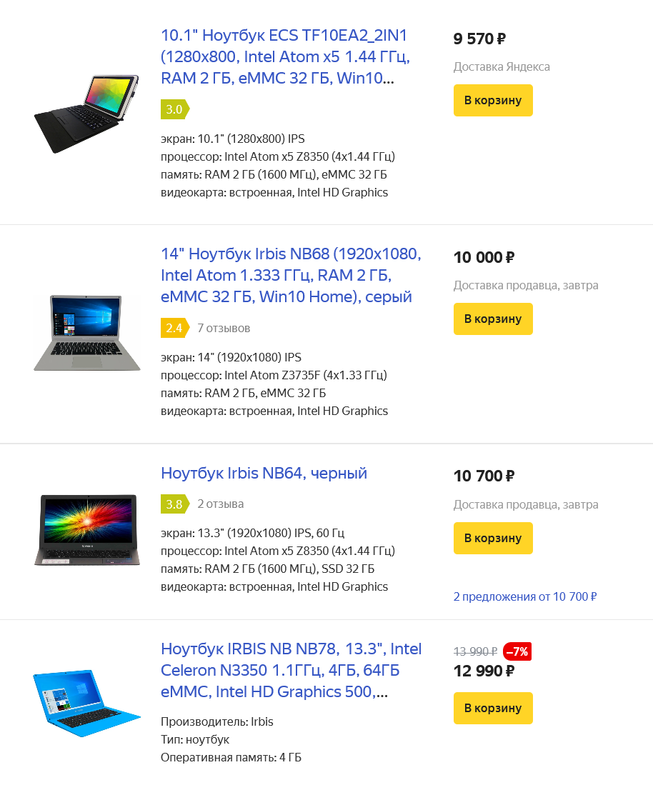 Небольшой ноутбук можно купить и за 11&nbsp;тысяч рублей. Источник: «Яндекс-маркет»