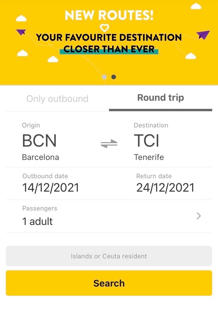 Поиск билета Барселона — Тенерифе со&nbsp;скидкой резидента Islands or&nbsp;Ceuta