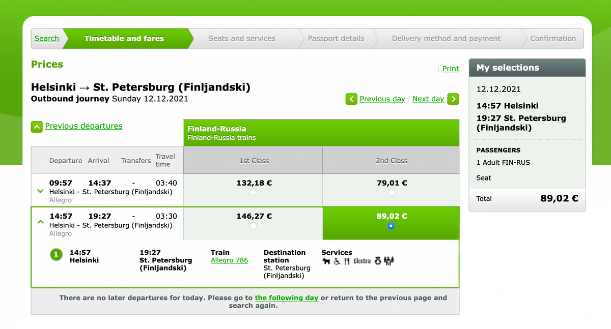 Билет из&nbsp;Хельсинки в Санкт-Петербург у&nbsp;Финских железных дорог стоит от&nbsp;79 € (6575 <span class=ruble>Р</span>)