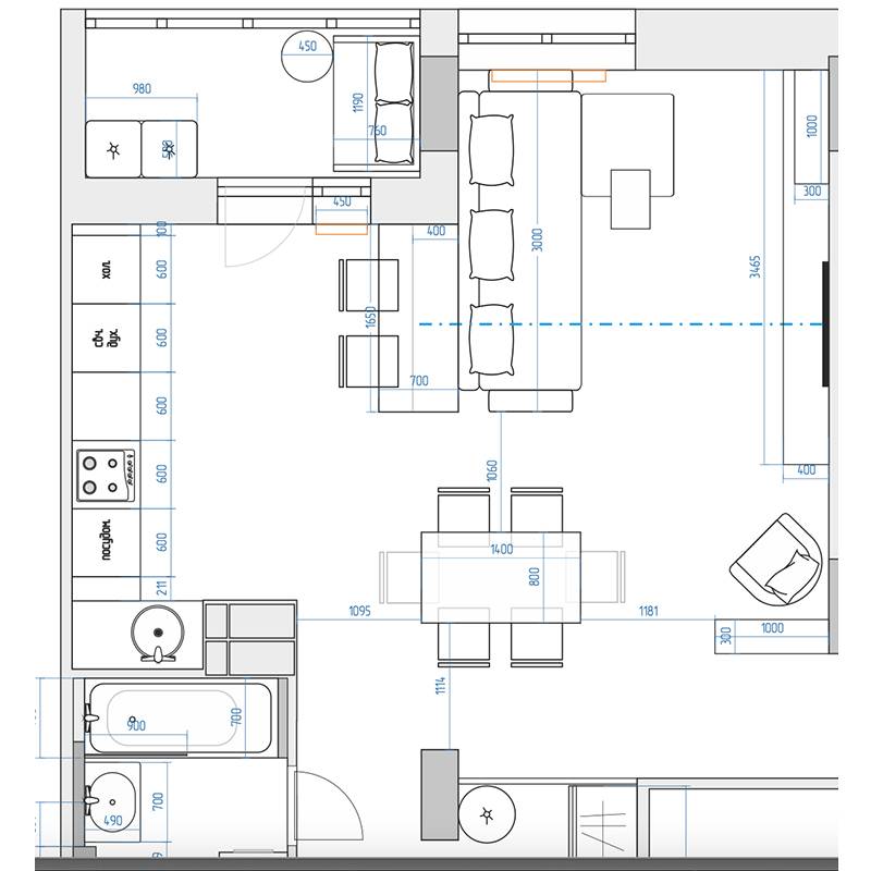 Это план нашего объединенного пространства: вместо тесной кухни и комнаты получилось удобное просторное помещение. Дизайнер сделала план с расстановкой мебели и с размерами