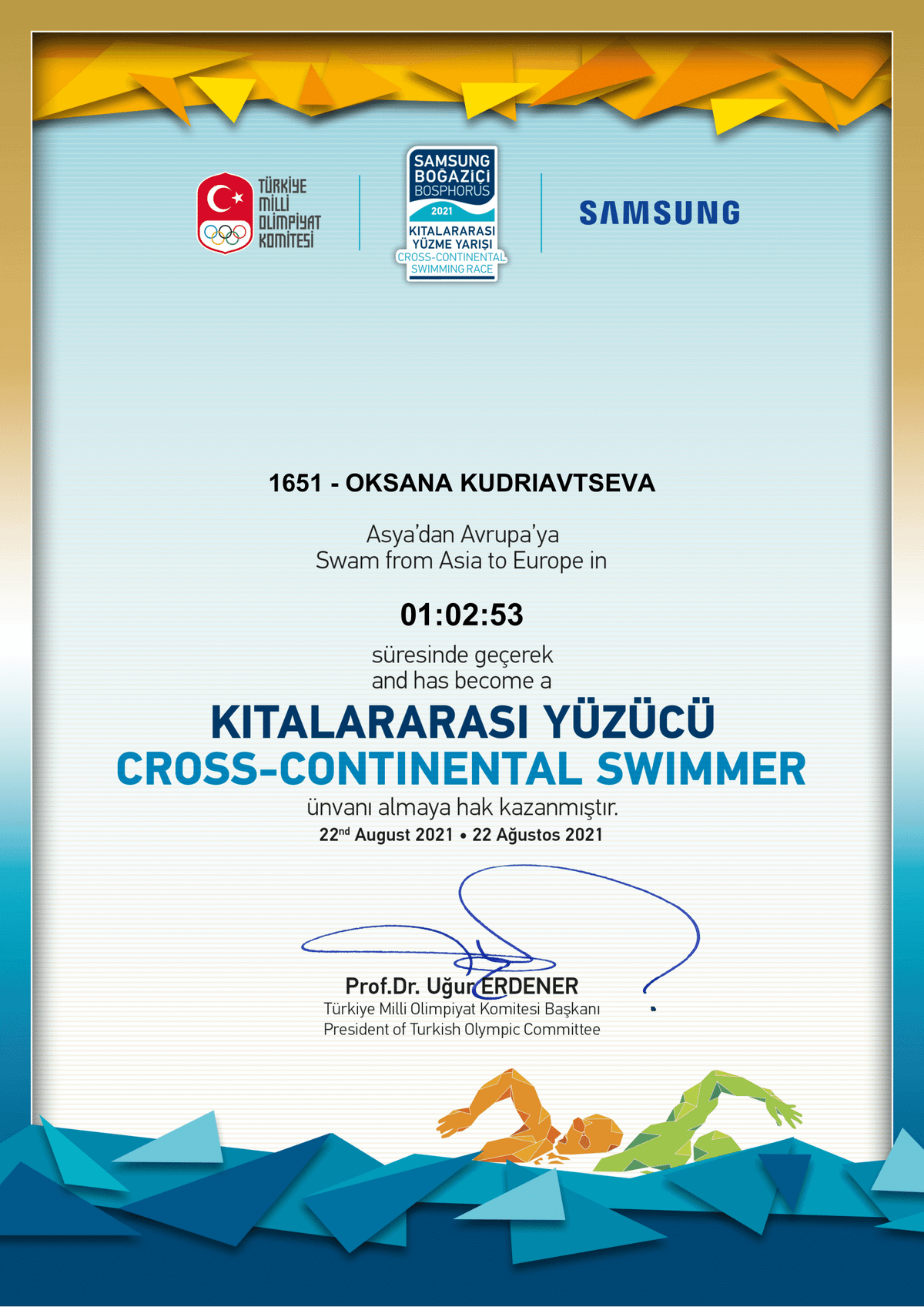 Сертификат о том, что теперь я кросс-континентальный пловец