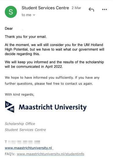 Университет Маастрихта ответил, что ожидает решения от государства и проинформирует о результатах присуждения стипендий в апреле