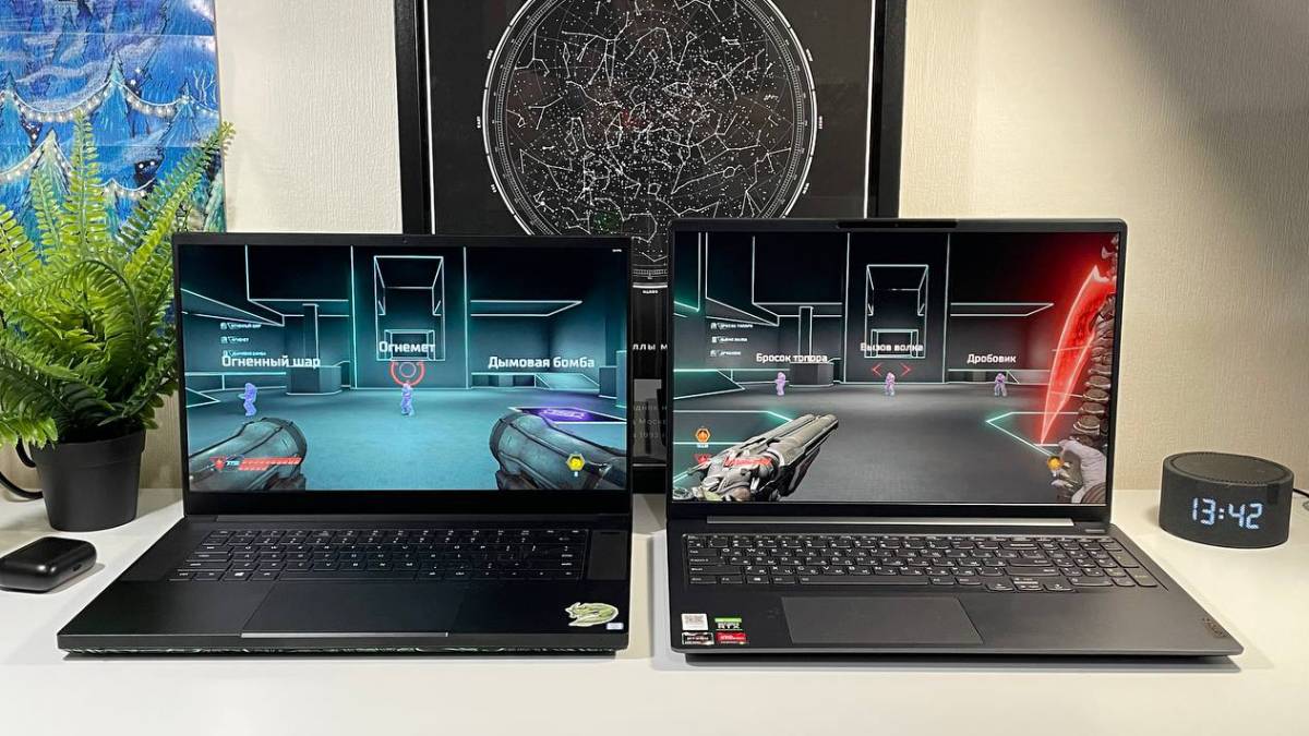 Слева Razer Blade c экраном 15,6&nbsp;дюйма, а справа Lenovo IdeaPad&nbsp;5 Pro c диагональю 16&nbsp;дюймов. Правый ноутбук шире всего на 1 мм и выше на 15&nbsp;мм, но выглядит намного больше