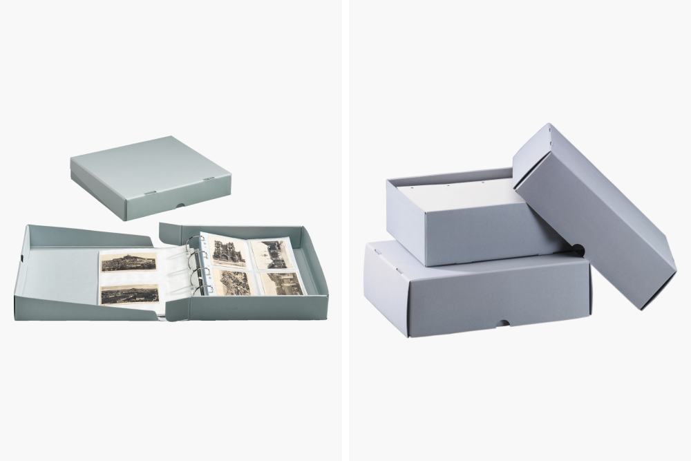 Коробки из бескислотного картона различаются размером и конструкцией: бывают обычные, с крышкой, а бывают с кольцами для&nbsp;файлов