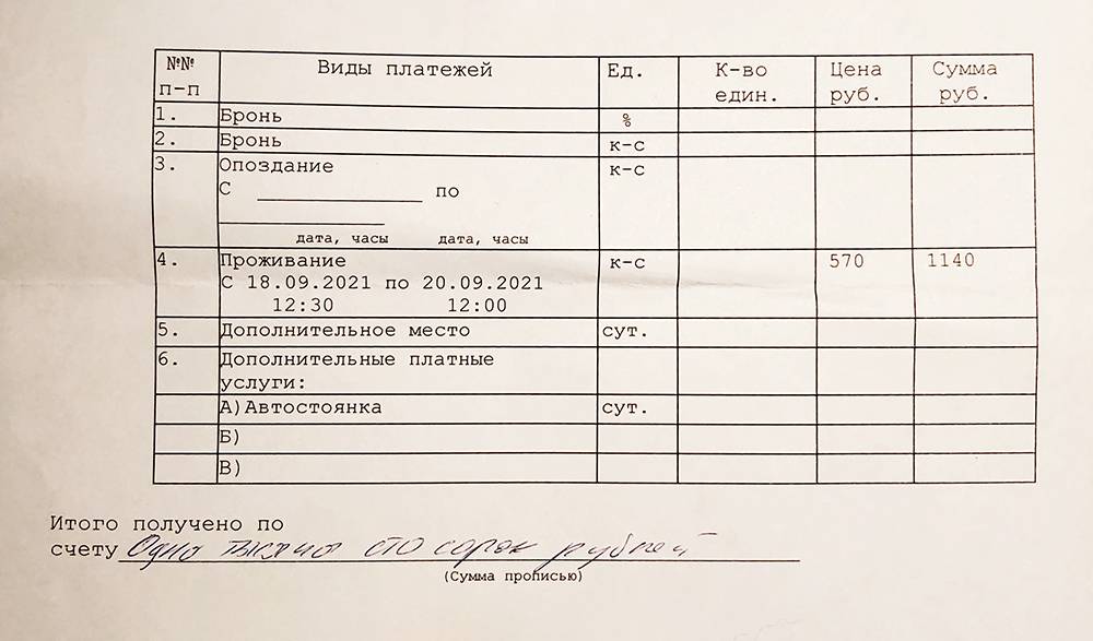 Моя квитанция из «Оранж-хостела» — я прожил там две ночи и заплатил 1140 <span class=ruble>Р</span>, никаких доплат не было