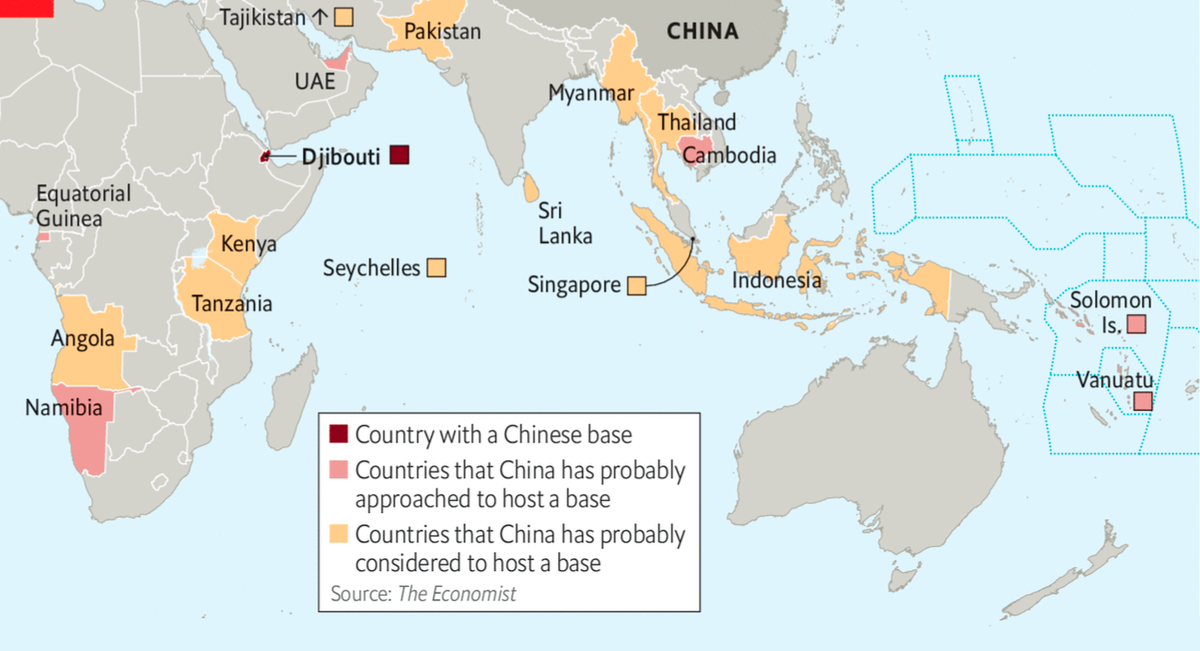 Военные базы Китая. Источник: The&nbsp;Economist