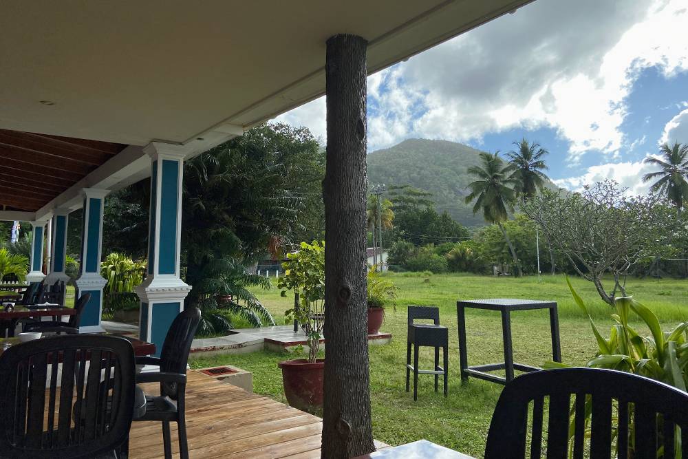 Вид из местного кафе — на Сейшелах много зелени