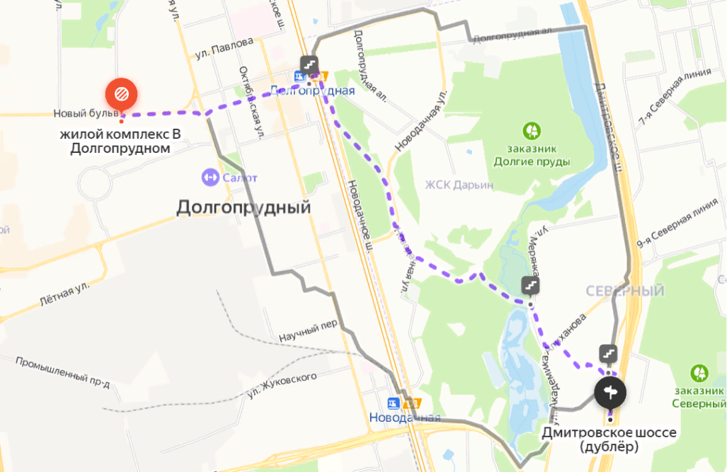 Пеший маршрут до места расположения станции метро Физтех, которую планируют открыть в 2023 году. Источник — Яндекс карты
