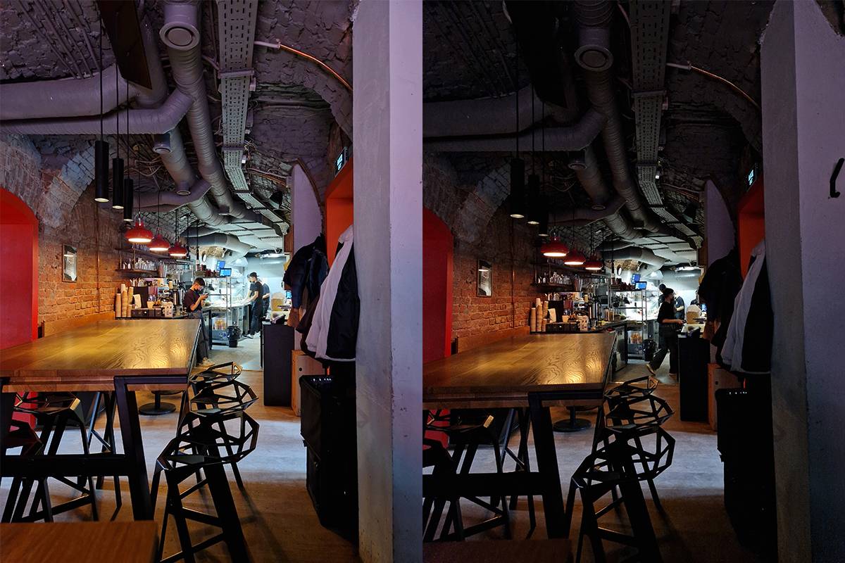 Слева фото с автоматическими настройками в слабоосвещенном помещении, справа — со слегка заниженной экспозицией