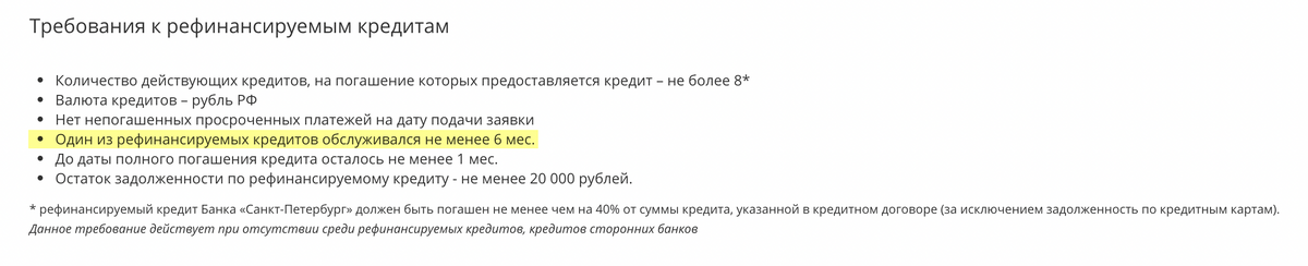 На сайте банка «Санкт-Петербург» указано требование — 6 месяцев хотя&nbsp;бы одному из кредитов. Получается, по другим кредитам достаточно хотя&nbsp;бы месяца выплат. Источник: bspb.ru