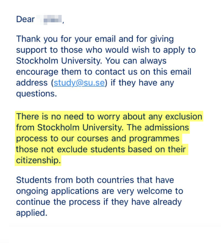 В письме университет подчеркивает: процесс зачисления не зависит от гражданства
