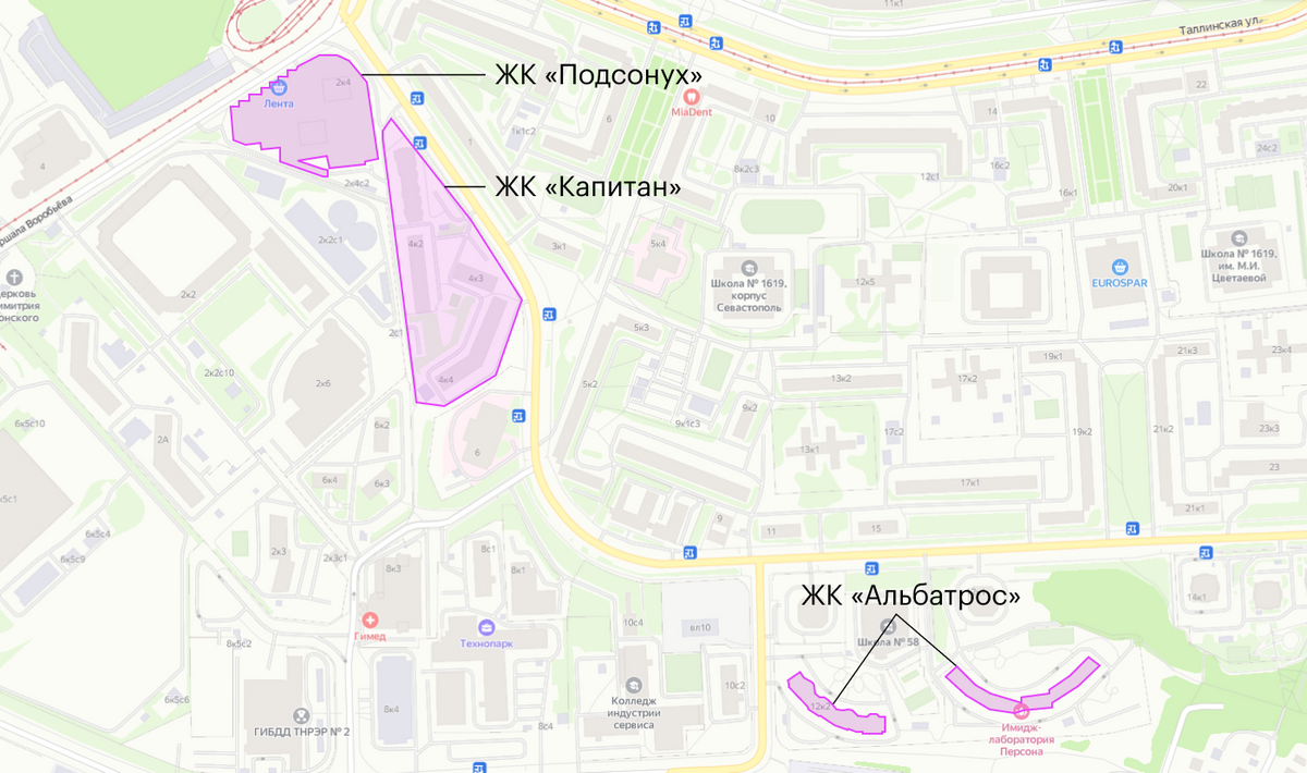 ЖК на Твардовского — «Подсолнух», «Капитан» и «Альбатрос». Источник: «Яндекс-карты»