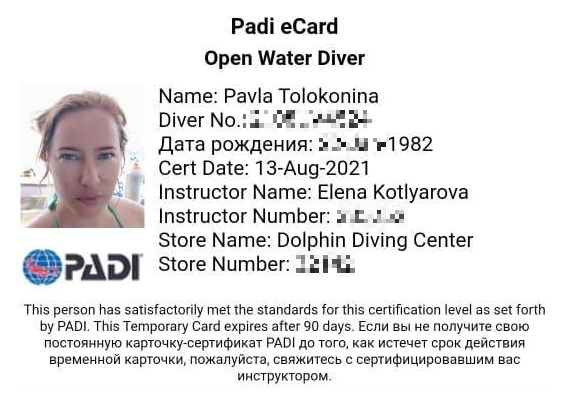 Временный сертификат, который пришел, когда я была на лодке. В тот&nbsp;же день в приложение PADI загрузился постоянный сертификат