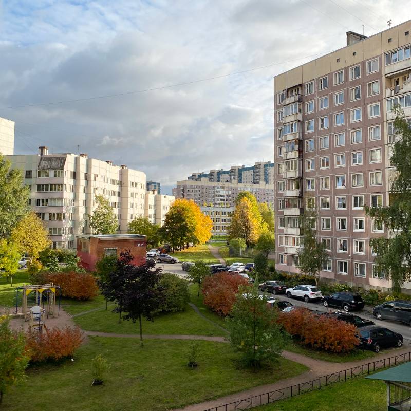 В Приморском районе есть как новые дома, так и вот такие панельные многоэтажки с детскими площадками и зелеными дворами