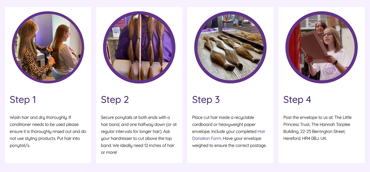 На сайте фонда показано, как подготовить волосы перед стрижкой: собрать их в хвостик