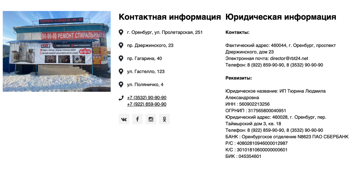Пример правильного оформления контактной информации: адреса легко проверить на картах, а юридическую информацию — на сайте ФНС России