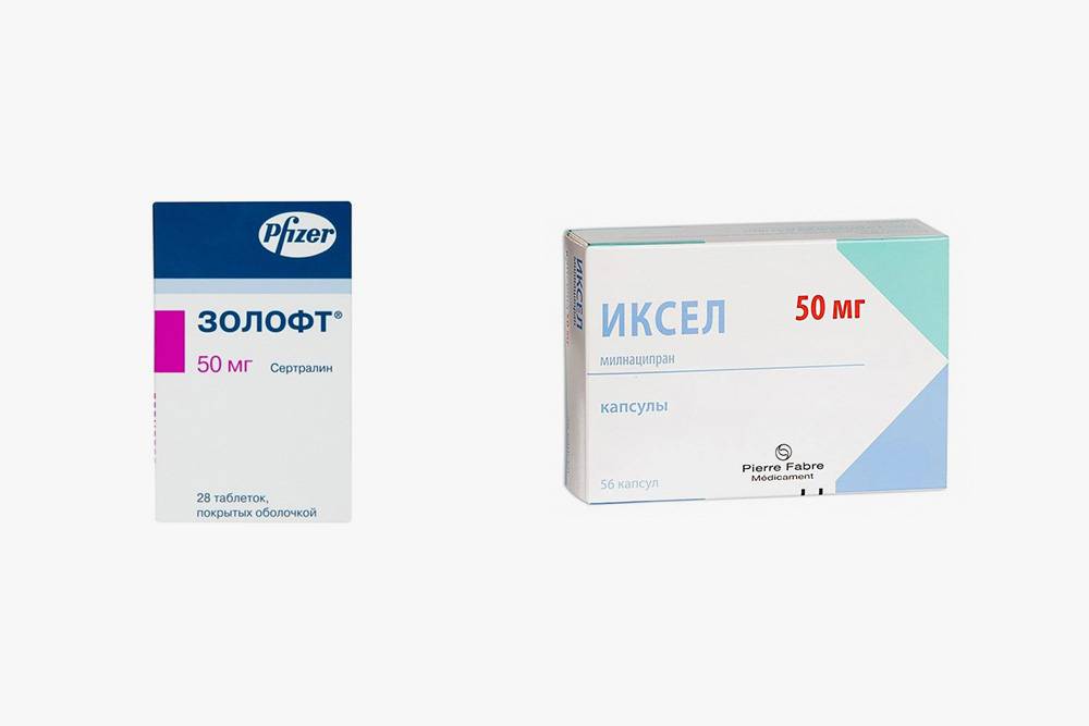 Слева — недорогой «Золофт» за 327 <span class=ruble>Р</span>, лекарство на основе сертралина, справа — самый дорогой антидепрессант «Иксел» на основе милнаципрана за 2453 <span class=ruble>Р</span>
