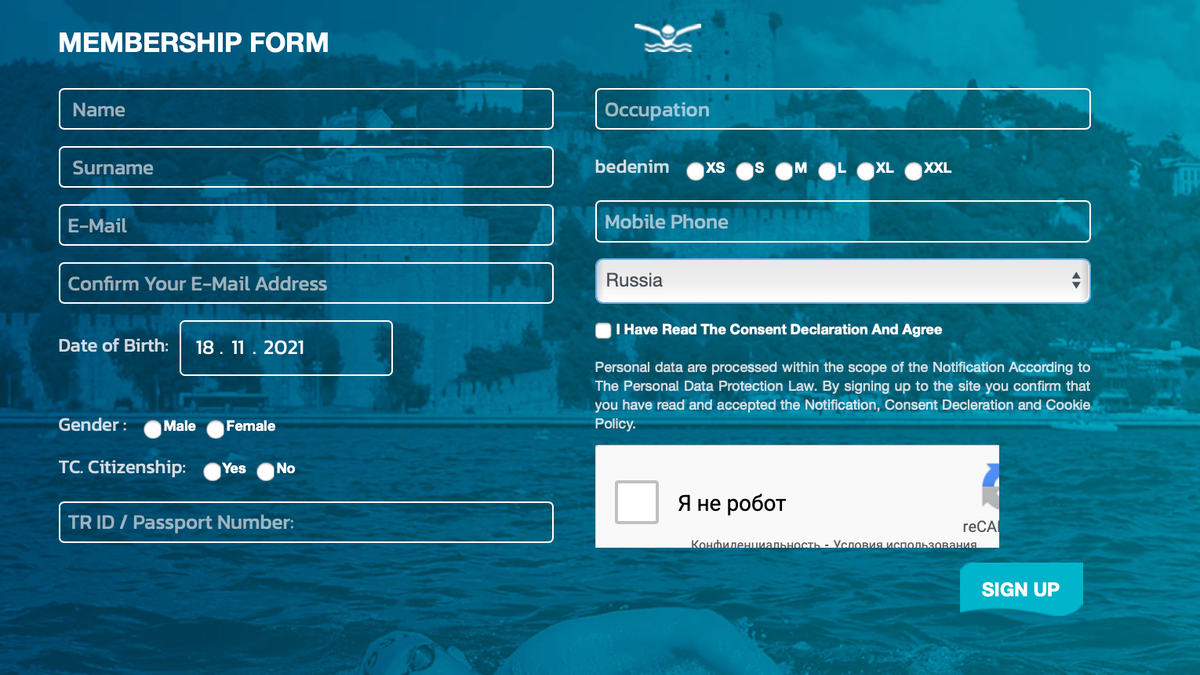 В анкете стандартные поля — фамилия и имя, электронная почта и телефон, пол, дата рождения, род занятий, страна. Источник: Bosphorus swimming race
