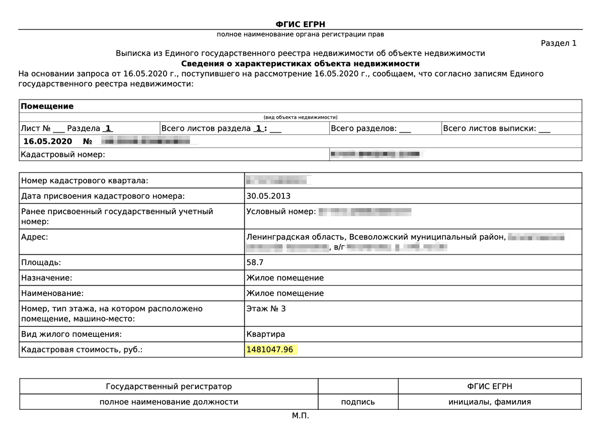 В выписке ЕГРН указана кадастровая стоимость квартиры — 1 481 047,96 <span class=ruble>Р</span>
