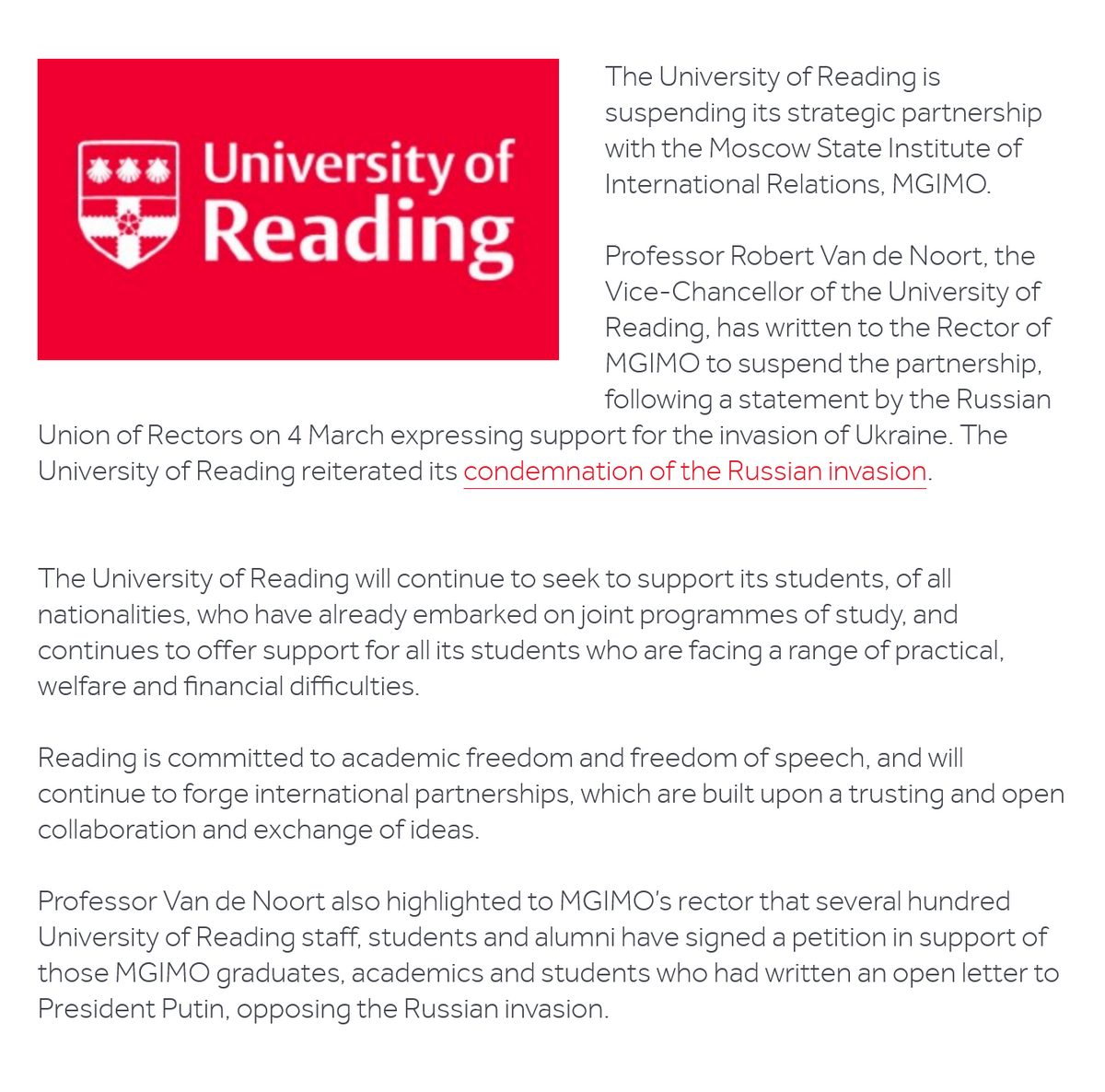 Объявление о приостановке сотрудничества с МГИМО на официальном сайте Редингского университета