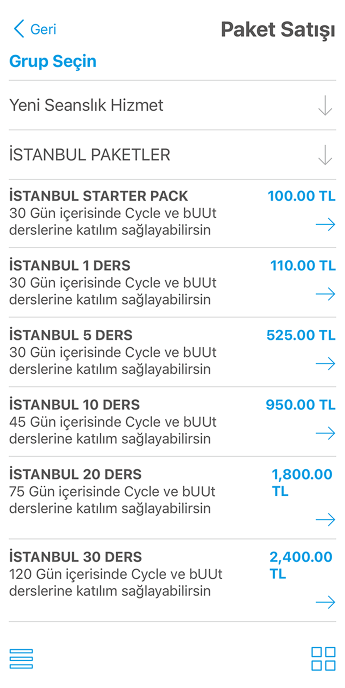 Стоимость тренировок в стамбульском филиале Urban Riders. Покупать абонементы и бронировать байки нужно в мобильном приложении, где доступен только турецкий язык