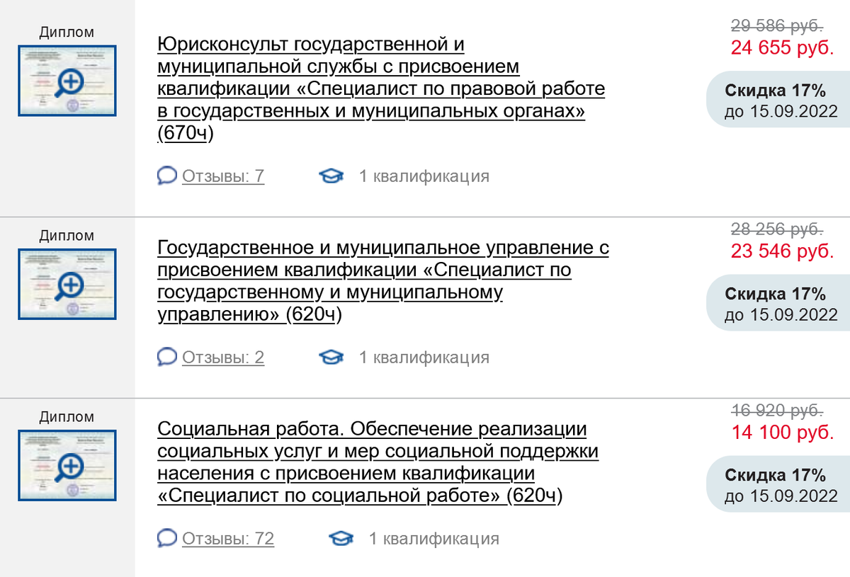 Примеры программ переподготовки, связанных с юридической работой. Источник: niidpo.ru
