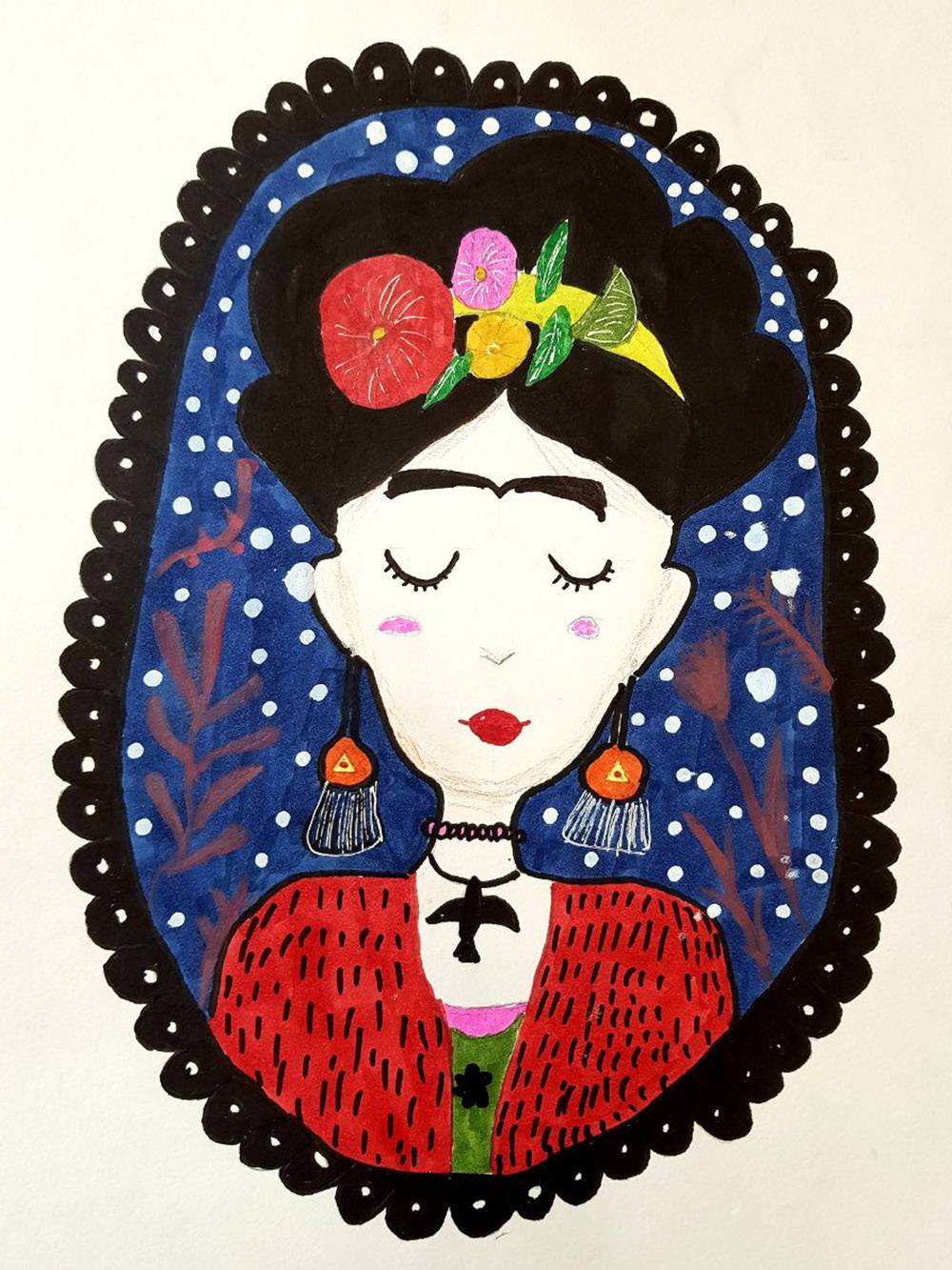 Портрет Фриды Кало по уроку курса «Как стать художником». Это&nbspлюбимая художница дочери — дома уже собралась небольшая коллекция портретов Фриды в разных техниках