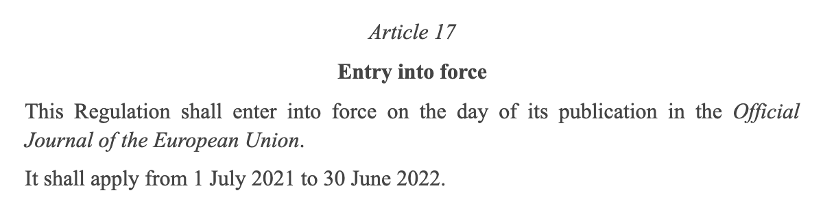 Документ о введении EU DCC от 14 июня 2021&nbsp;года, срок действия которого закончится 30 июня 2022&nbsp;года. Источник: eur-lex.europa.eu