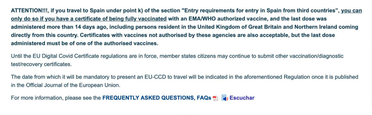 На сайте Минздрава Испании сказано, что жители стран вне&nbsp;Евросоюза и Шенгенской зоны могут въезжать в&nbsp;страну с&nbsp;сертификатом о&nbsp;вакцинации. Пока требования предъявлять именно EUDCC нет, его можно заменить аналогом, который подтверждает прививку одобренной EMA или ВОЗ вакциной. Но в&nbsp;дальнейшем требования планируют ужесточить и запрашивать именно EUDCC. Источник: sanidad.gob.es