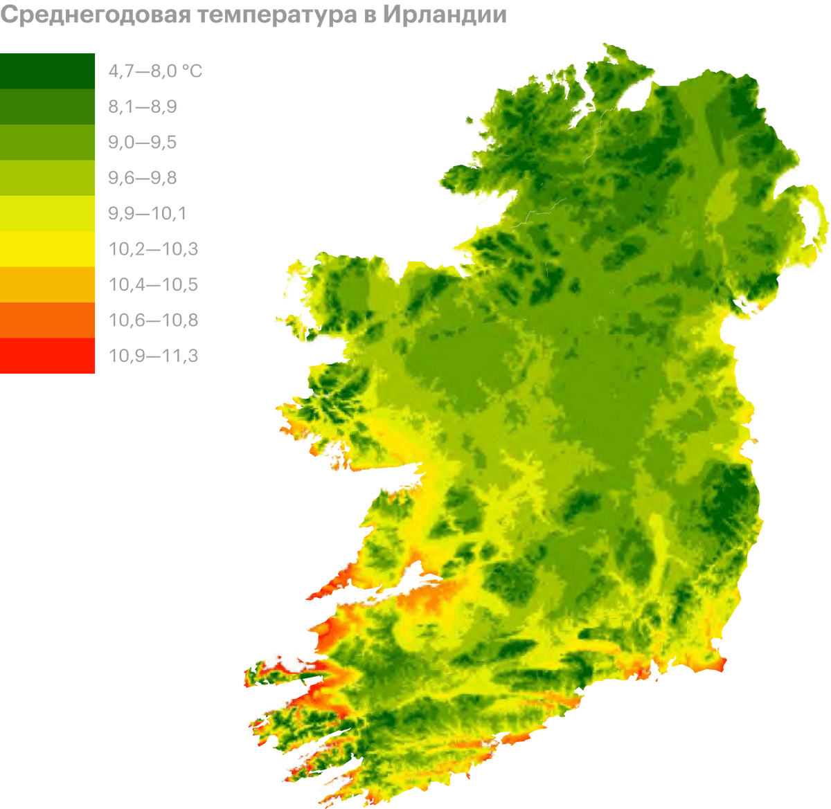 Карта среднегодовой температуры в Ирландии. Источник: researchegate.net
