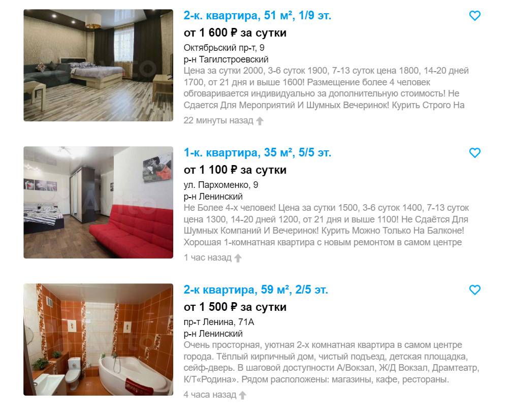 Стоимость посуточной квартиры в Нижнем Тагиле. Источник: avito.ru