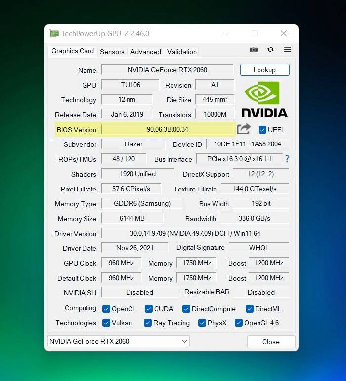 Информация о версии BIOS выделена на скриншоте. Также в окне GPU-Z можно удостовериться, что продавец не соврал про модель видеокарты и объем ее памяти