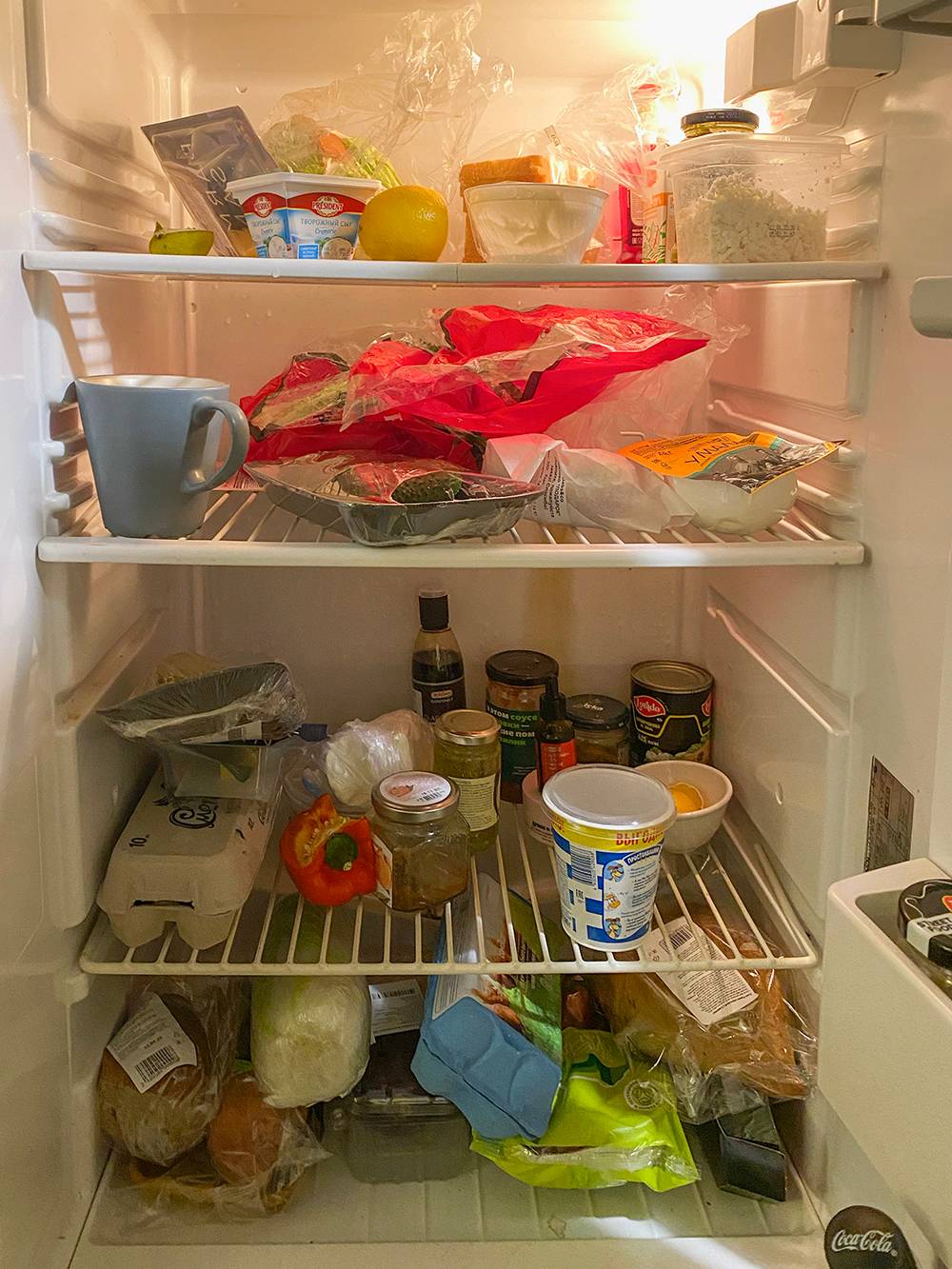 Наш холодильник. Верхние две полки мои, две нижние — Зеленого
