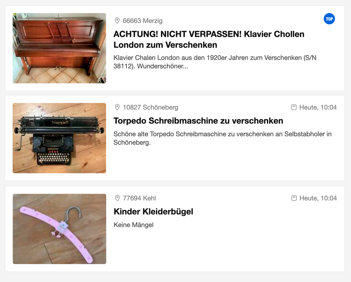 На eBay Kleinanzeigen бесплатно отдают как мелочи, так и крупную мебель