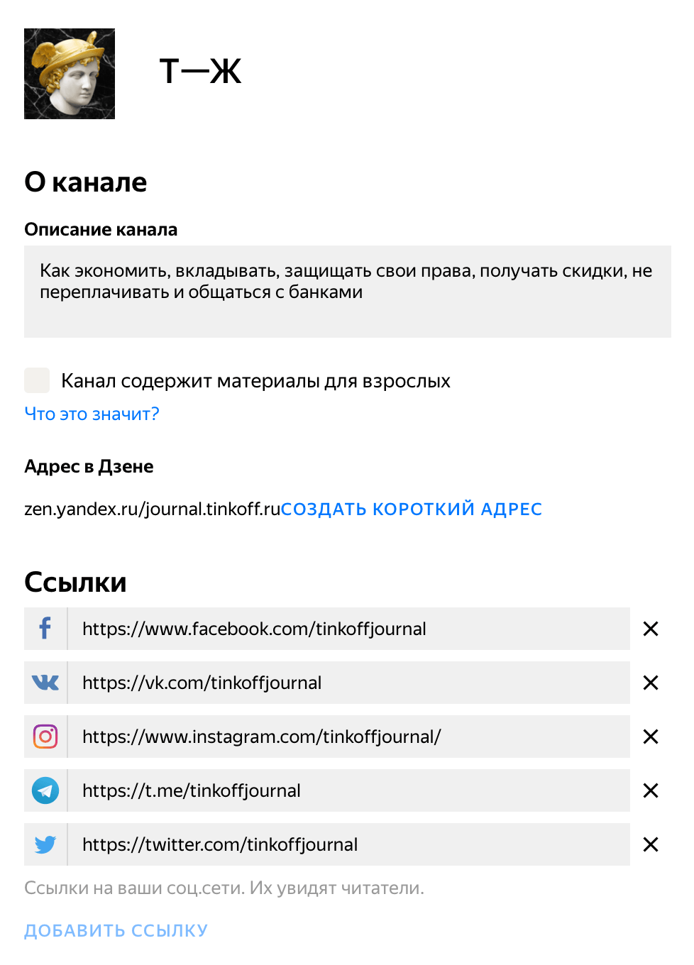 Вот так выглядит описание канала Т—Ж. Логотип выделяет канал в ленте, описание дает понять, про&nbsp;что пишут в журнале. А ссылки на другие соцсети помогут связаться с редакцией там, где удобно читателю