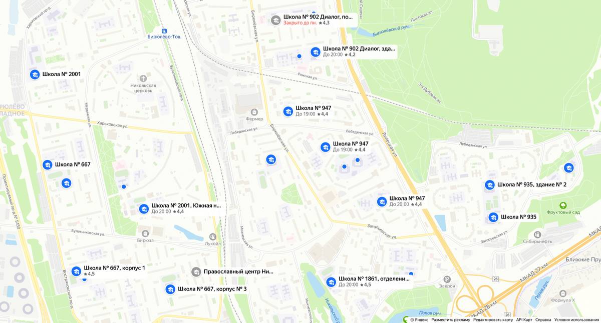 В Бирюлеве около 15 государственных школ, проблем с местами нет. Источник: «Яндекс-карты»