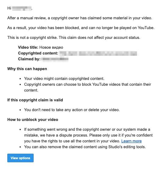 Так выглядит письмо от Content&nbsp;ID с жалобой — там написано, в каком видео проблема, какой именно трек был якобы использован незаконно и кто правообладатель