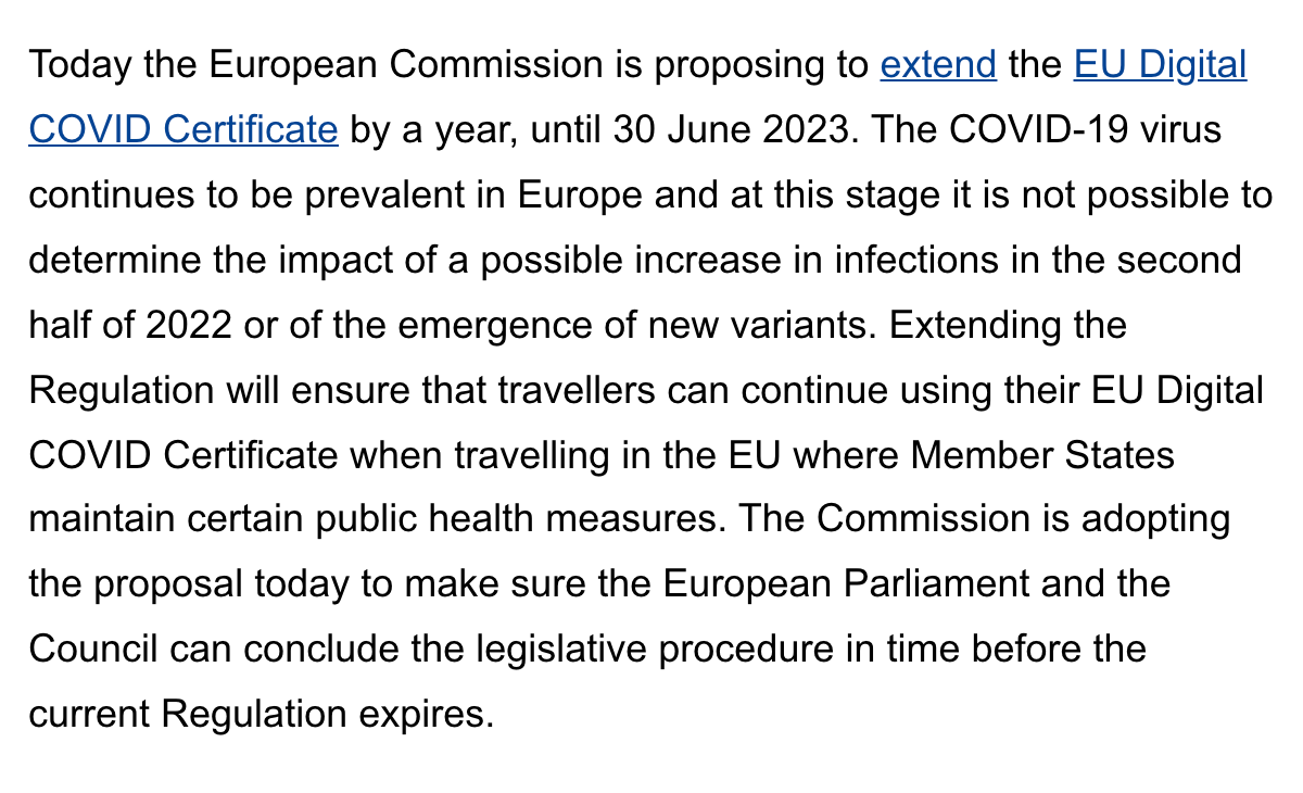 Предложение Еврокомиссии продлить документ о сертификатах EU DCC до 30 июня 2023&nbsp;года. Источник: ec.europa.eu