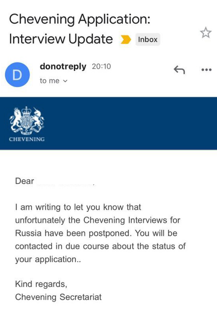 Секретариат Chevening информирует, что интервью для&nbsp;студентов из России отложены