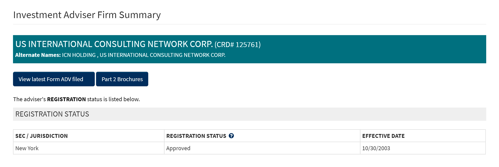 Из всех компаний с сайта ICN я нашел регистрацию только для US International Consulting Network Corp. — в базе данных публичных инвестиционных советников США