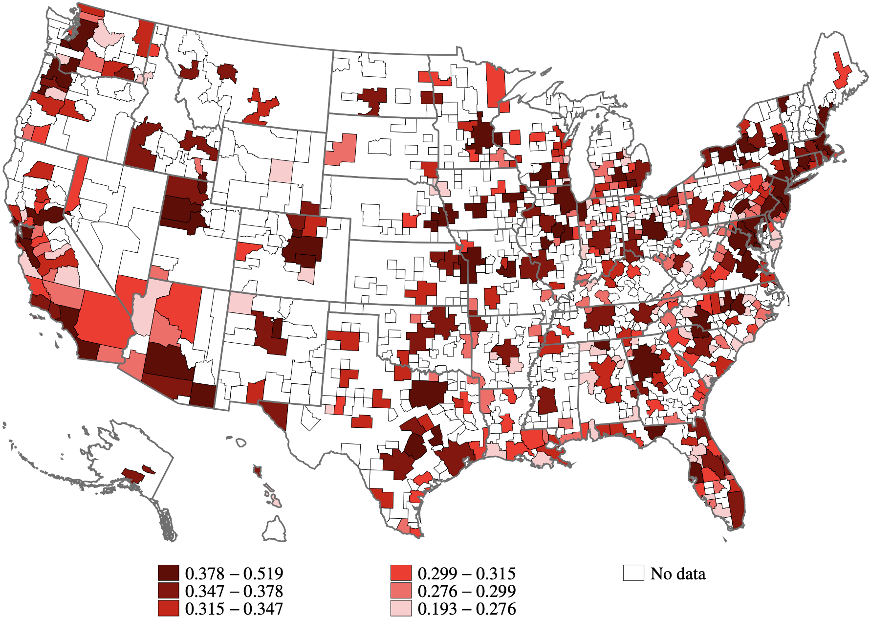 Процент работ, которые можно выполнять удаленно, в разных округах США. Источник: исследование How Many Jobs Can be Done at Home, апрель&nbsp;2020, стр.&nbsp;3&nbsp;(4)