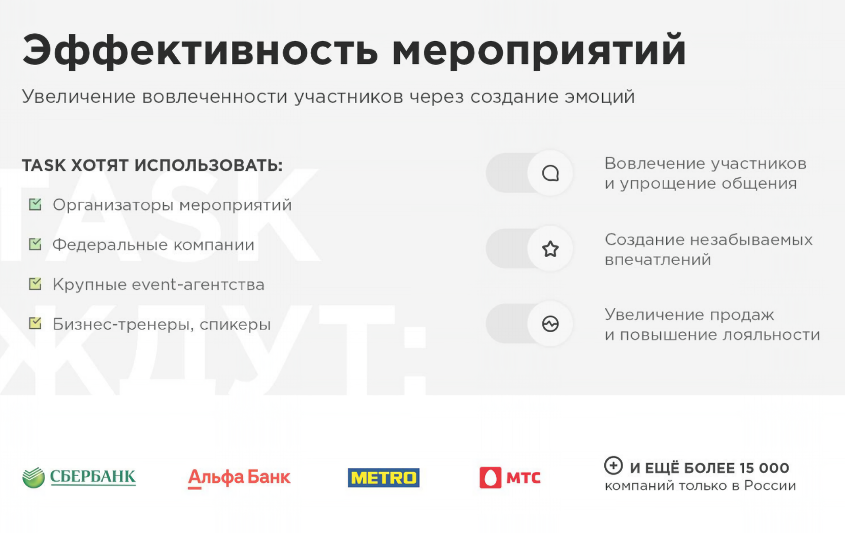 Если верить презентации, сервис, которого еще нет, уже хотят использовать 15 тысяч компаний, в том числе Сбербанк и МТС