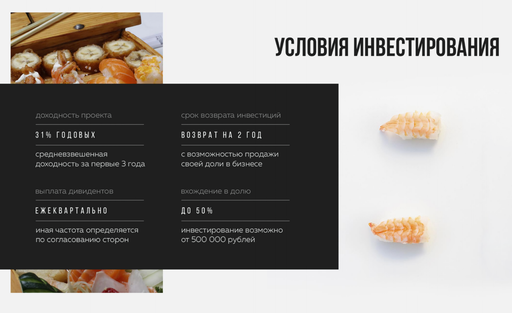 Возврат инвестиций в «Суши-мастере» планируется на второй год, порог входа — 500 тысяч рублей