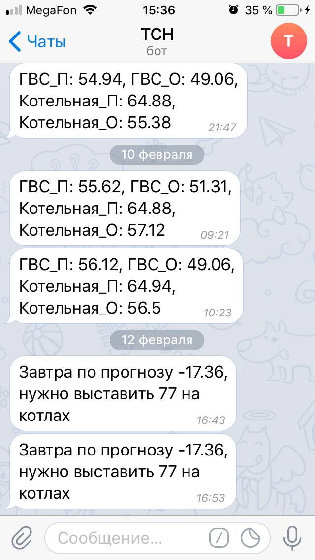 Оповещения о падении температур в котельной, которые приходят мне в Телеграм