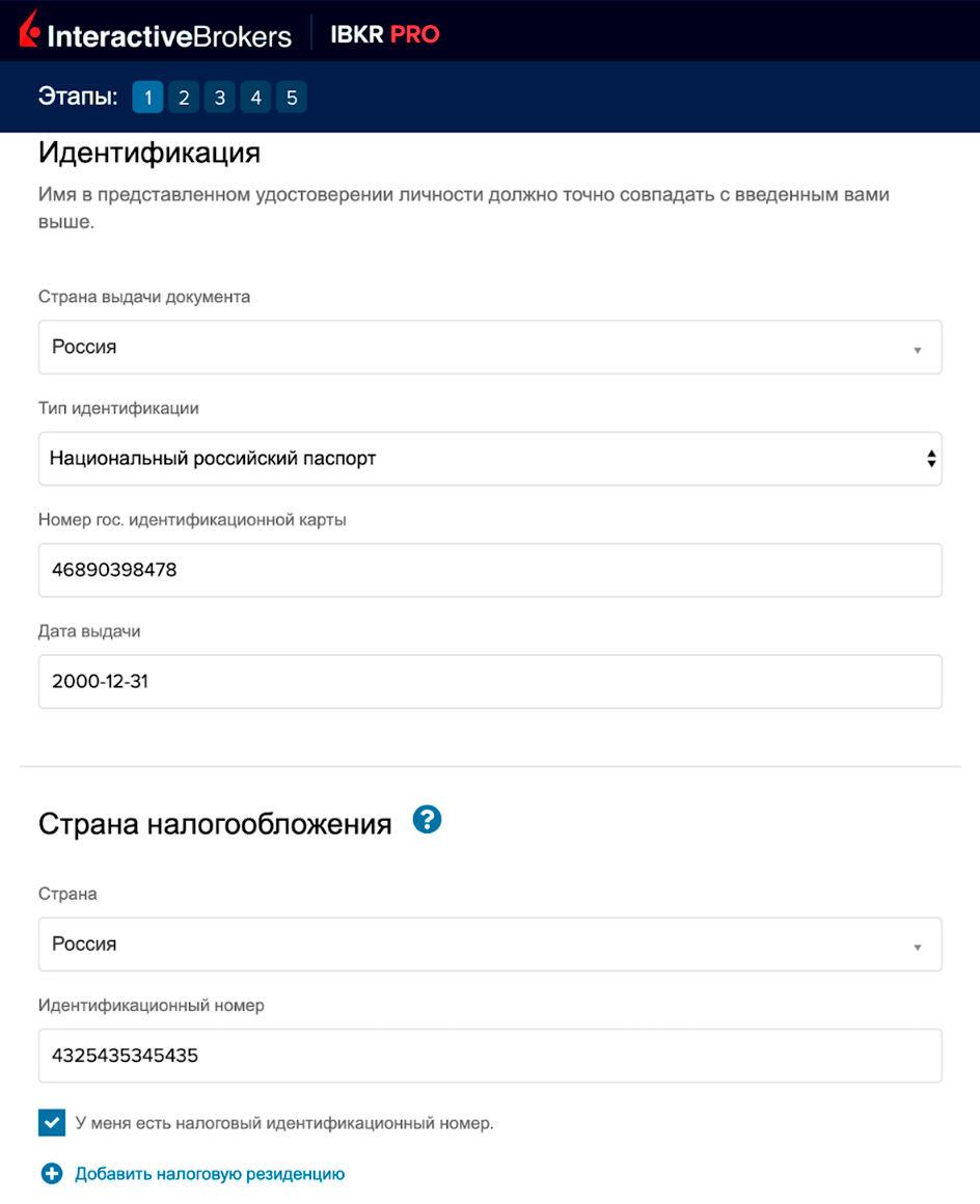 Окно ввода личных данных: номер и серия паспорта РФ — слитно, идентификационный номер — ИНН