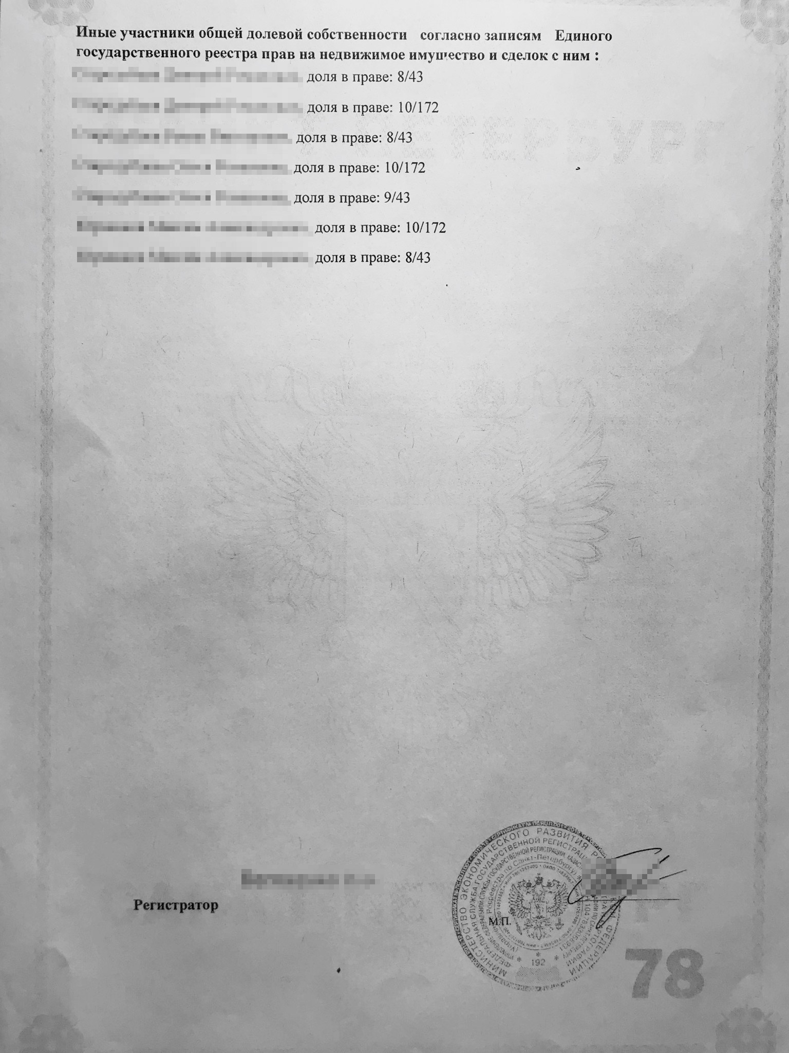 На обратной стороне перечислены все собственники и их доли