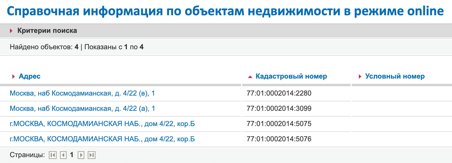 Получаем четыре результата поиска. Один из этих кадастровых номеров — номер квартиры, остальные — номера комнат в ней. Они считаются отдельными объектами и находятся в собственности разных людей — а это значит, что оповещать придется их всех