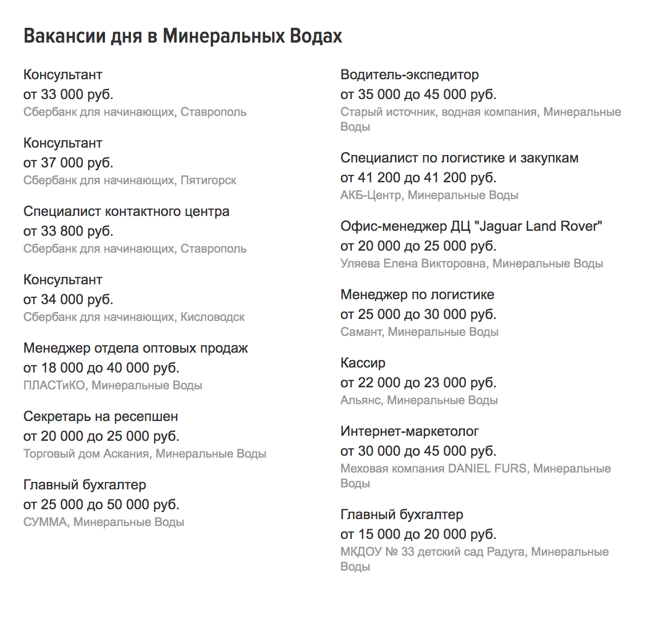 Вакансии в Минеральных Водах в январе 2019 года. Преподаватель английского получает от 20 до 30 тысяч рублей, заведующий гаражом — от 30 до 46 тысяч