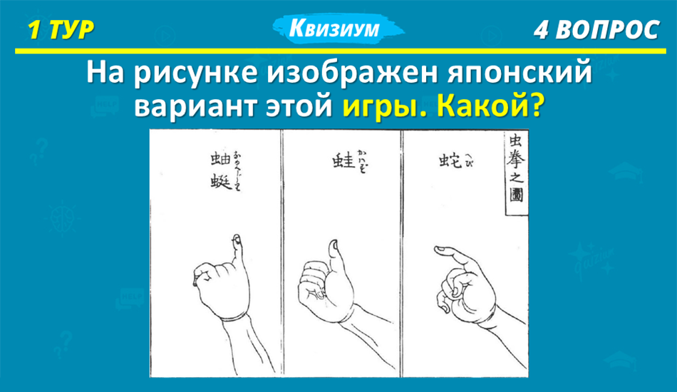 Первый тур — «Реактивная разминка». В нем собраны несложные вопросы для раскачки вроде «расположите в хронологической последовательности» и «соотнесите усы и владельца». Ответ на вопрос на карточке: камень, ножницы, бумага